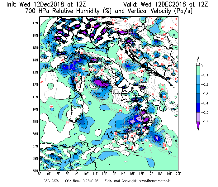Mappa di analisi GFS - Umidità relativa [%] e Omega [Pa/s] a 700 hPa in Italia
									del 12/12/2018 12 <!--googleoff: index-->UTC<!--googleon: index-->