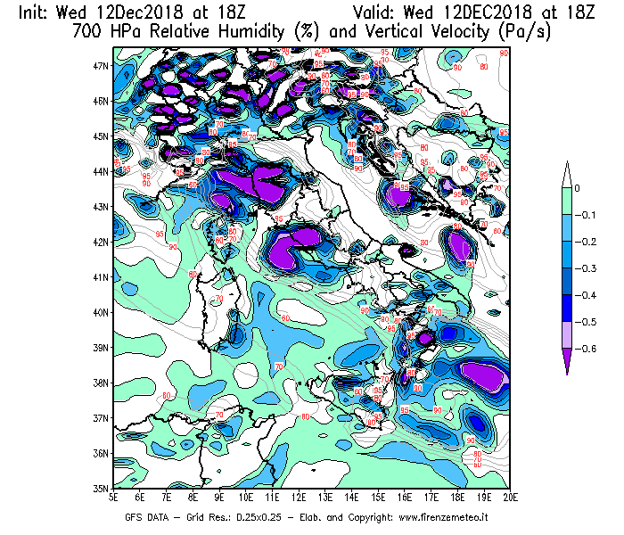 Mappa di analisi GFS - Umidità relativa [%] e Omega [Pa/s] a 700 hPa in Italia
									del 12/12/2018 18 <!--googleoff: index-->UTC<!--googleon: index-->