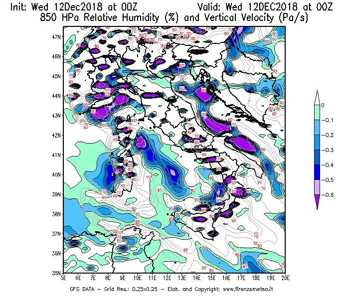 Mappa di analisi GFS - Umidità relativa [%] e Omega [Pa/s] a 850 hPa in Italia
									del 12/12/2018 00 <!--googleoff: index-->UTC<!--googleon: index-->