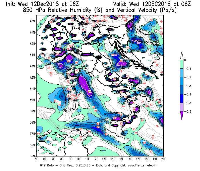 Mappa di analisi GFS - Umidità relativa [%] e Omega [Pa/s] a 850 hPa in Italia
									del 12/12/2018 06 <!--googleoff: index-->UTC<!--googleon: index-->