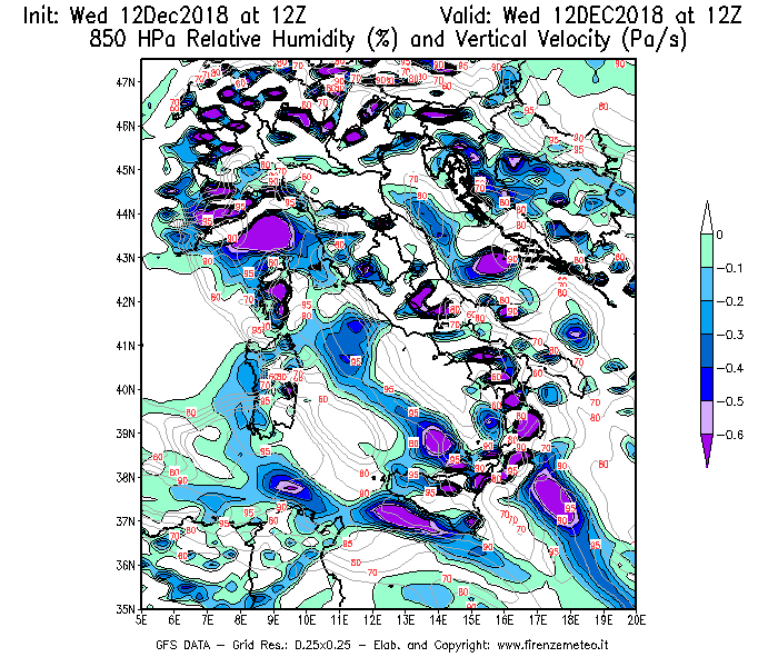 Mappa di analisi GFS - Umidità relativa [%] e Omega [Pa/s] a 850 hPa in Italia
									del 12/12/2018 12 <!--googleoff: index-->UTC<!--googleon: index-->
