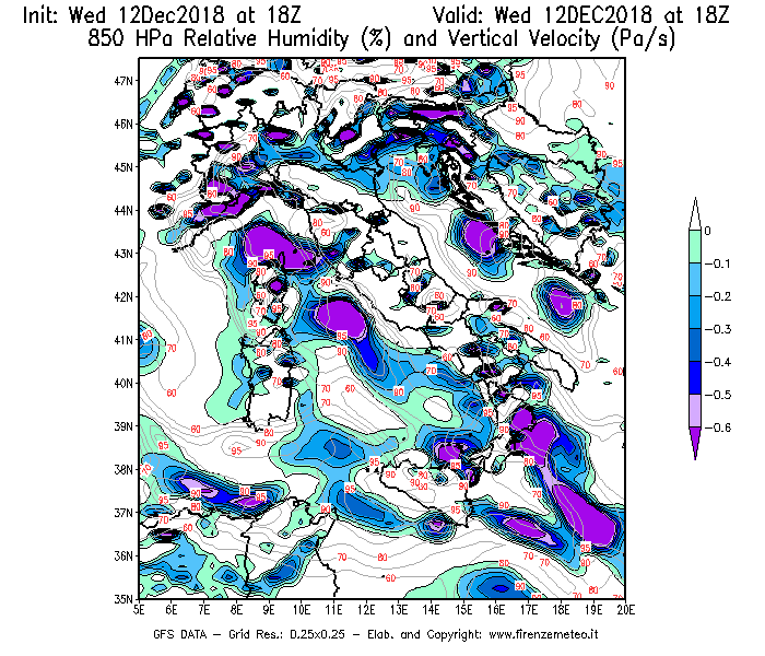 Mappa di analisi GFS - Umidità relativa [%] e Omega [Pa/s] a 850 hPa in Italia
									del 12/12/2018 18 <!--googleoff: index-->UTC<!--googleon: index-->