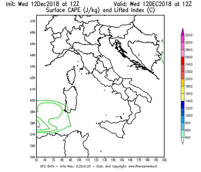Mappa di analisi GFS - CAPE [J/kg] e Lifted Index [°C] in Italia
									del 12/12/2018 12 <!--googleoff: index-->UTC<!--googleon: index-->