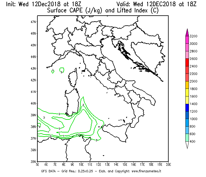 Mappa di analisi GFS - CAPE [J/kg] e Lifted Index [°C] in Italia
									del 12/12/2018 18 <!--googleoff: index-->UTC<!--googleon: index-->