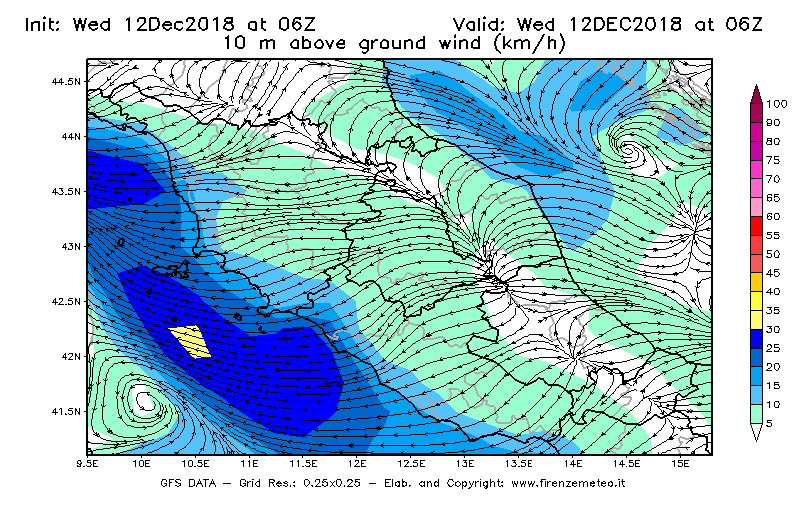 Mappa di analisi GFS - Velocità del vento a 10 metri dal suolo [km/h] in Centro-Italia
									del 12/12/2018 06 <!--googleoff: index-->UTC<!--googleon: index-->