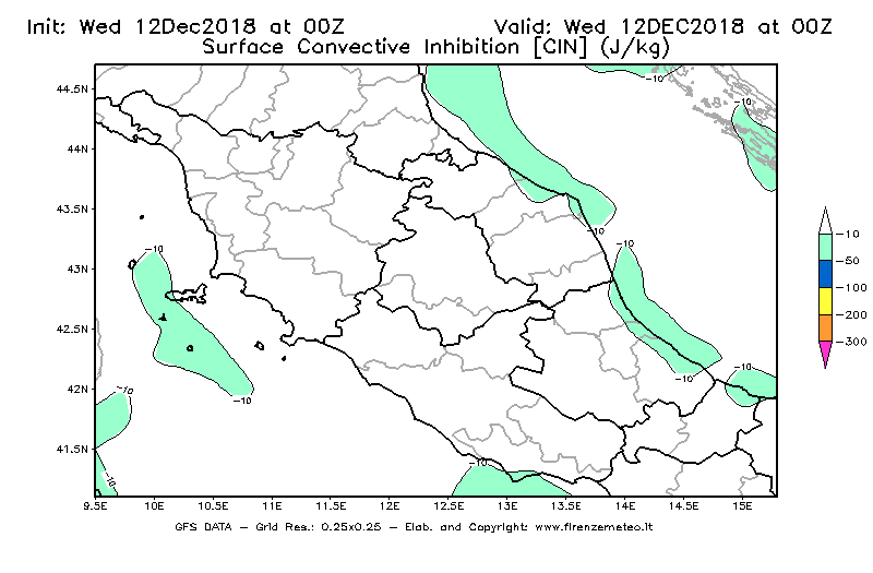 Mappa di analisi GFS - CIN [J/kg] in Centro-Italia
									del 12/12/2018 00 <!--googleoff: index-->UTC<!--googleon: index-->