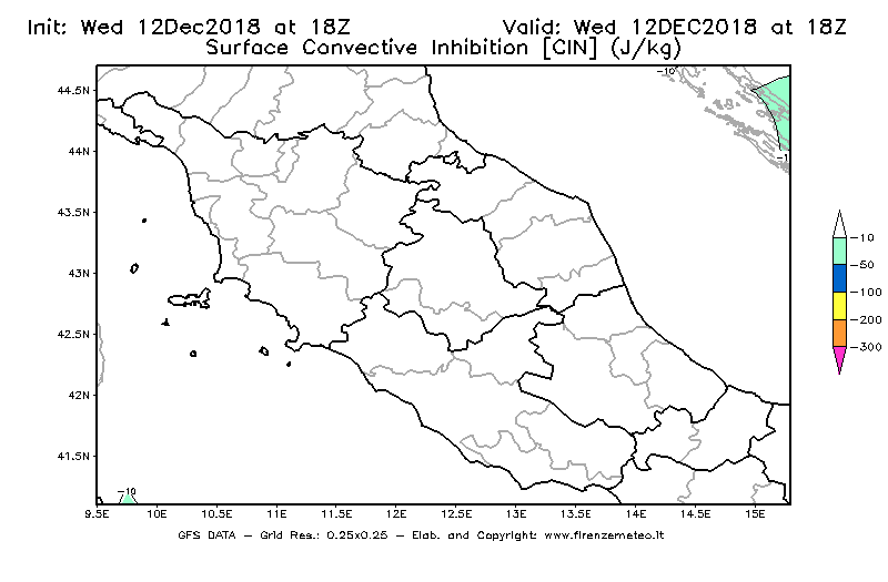 Mappa di analisi GFS - CIN [J/kg] in Centro-Italia
									del 12/12/2018 18 <!--googleoff: index-->UTC<!--googleon: index-->
