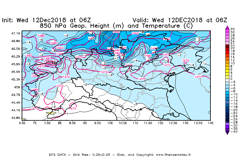 Mappa di analisi GFS - Geopotenziale [m] e Temperatura [°C] a 850 hPa in Nord-Italia
									del 12/12/2018 06 <!--googleoff: index-->UTC<!--googleon: index-->