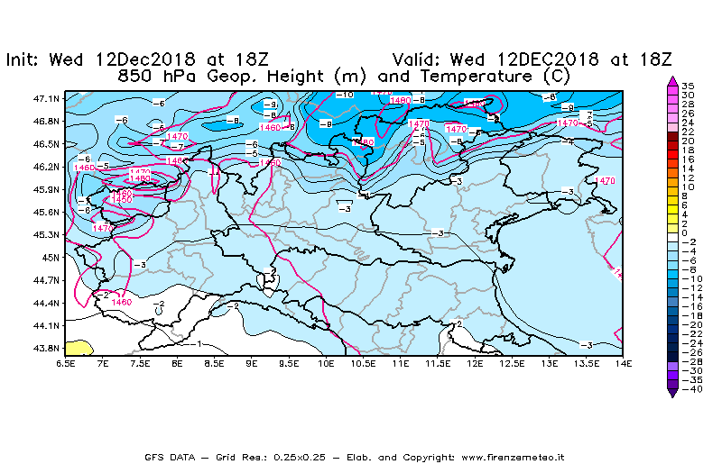 Mappa di analisi GFS - Geopotenziale [m] e Temperatura [°C] a 850 hPa in Nord-Italia
									del 12/12/2018 18 <!--googleoff: index-->UTC<!--googleon: index-->