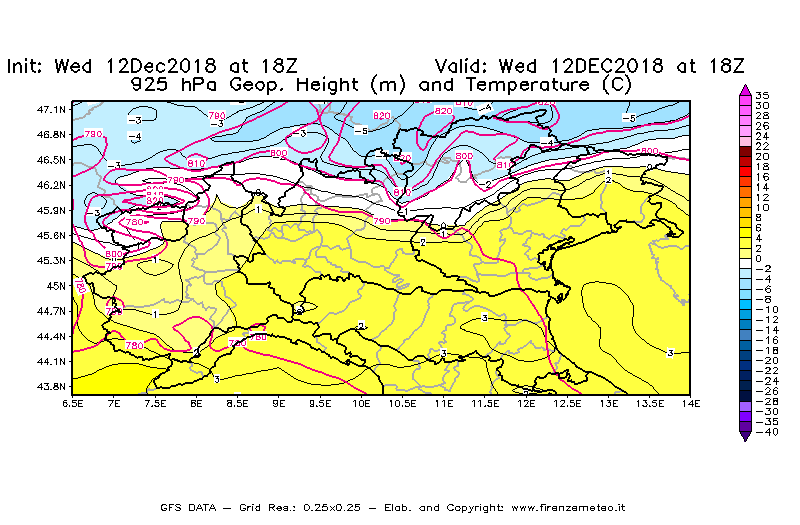 Mappa di analisi GFS - Geopotenziale [m] e Temperatura [°C] a 925 hPa in Nord-Italia
									del 12/12/2018 18 <!--googleoff: index-->UTC<!--googleon: index-->
