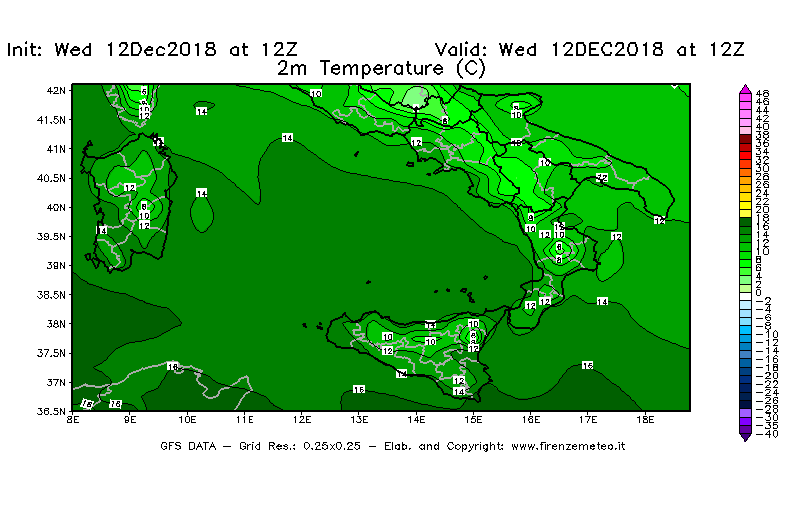 Mappa di analisi GFS - Temperatura a 2 metri dal suolo [°C] in Sud-Italia
									del 12/12/2018 12 <!--googleoff: index-->UTC<!--googleon: index-->