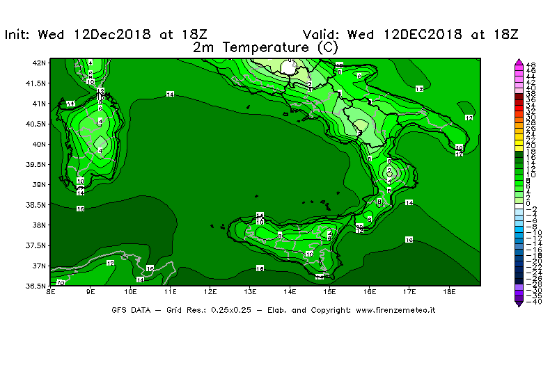 Mappa di analisi GFS - Temperatura a 2 metri dal suolo [°C] in Sud-Italia
									del 12/12/2018 18 <!--googleoff: index-->UTC<!--googleon: index-->