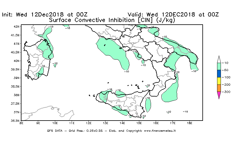 Mappa di analisi GFS - CIN [J/kg] in Sud-Italia
									del 12/12/2018 00 <!--googleoff: index-->UTC<!--googleon: index-->