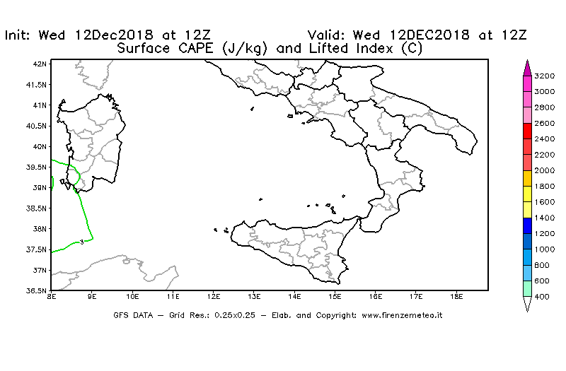 Mappa di analisi GFS - CAPE [J/kg] e Lifted Index [°C] in Sud-Italia
									del 12/12/2018 12 <!--googleoff: index-->UTC<!--googleon: index-->