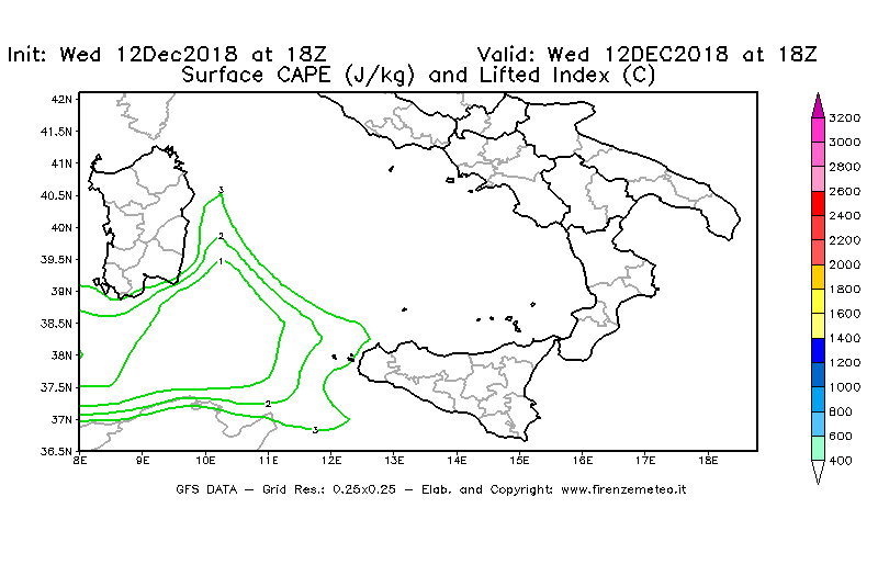 Mappa di analisi GFS - CAPE [J/kg] e Lifted Index [°C] in Sud-Italia
									del 12/12/2018 18 <!--googleoff: index-->UTC<!--googleon: index-->