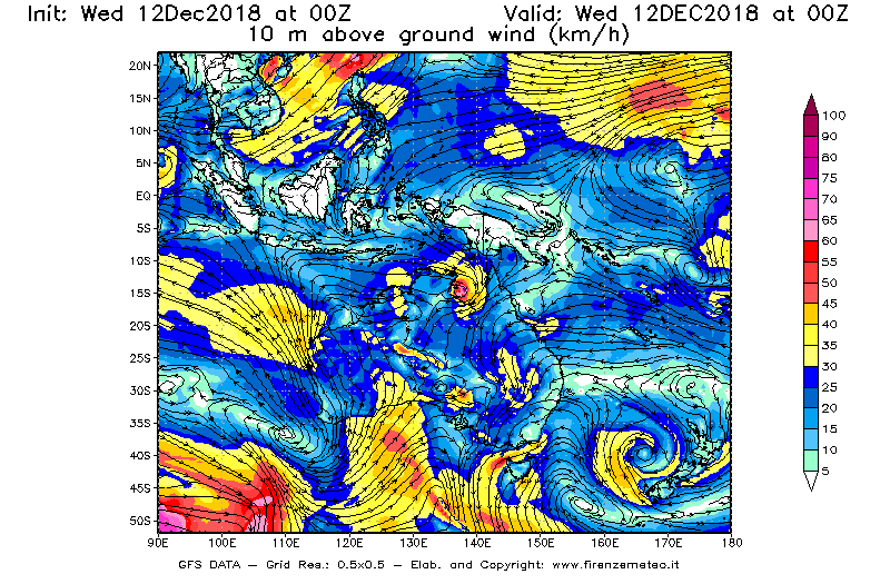 Mappa di analisi GFS - Velocità del vento a 10 metri dal suolo [km/h] in Oceania
									del 12/12/2018 00 <!--googleoff: index-->UTC<!--googleon: index-->