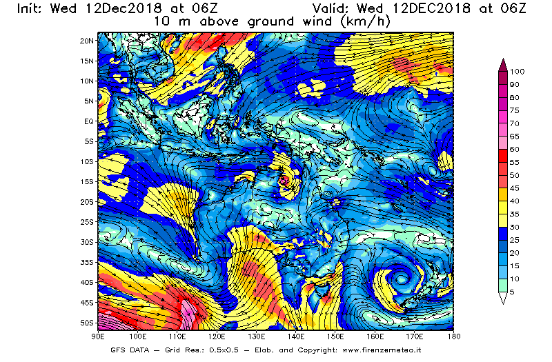 Mappa di analisi GFS - Velocità del vento a 10 metri dal suolo [km/h] in Oceania
									del 12/12/2018 06 <!--googleoff: index-->UTC<!--googleon: index-->