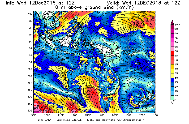 Mappa di analisi GFS - Velocità del vento a 10 metri dal suolo [km/h] in Oceania
									del 12/12/2018 12 <!--googleoff: index-->UTC<!--googleon: index-->
