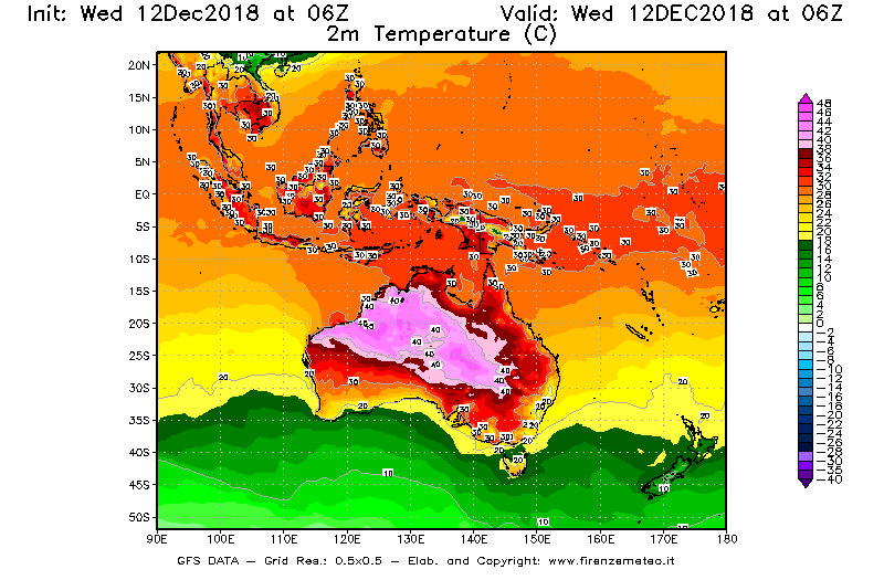 Mappa di analisi GFS - Temperatura a 2 metri dal suolo [°C] in Oceania
									del 12/12/2018 06 <!--googleoff: index-->UTC<!--googleon: index-->
