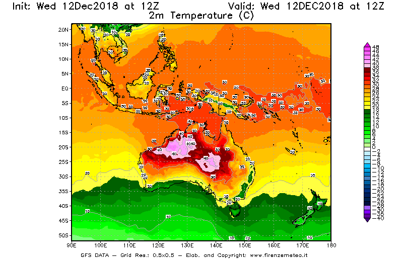 Mappa di analisi GFS - Temperatura a 2 metri dal suolo [°C] in Oceania
									del 12/12/2018 12 <!--googleoff: index-->UTC<!--googleon: index-->
