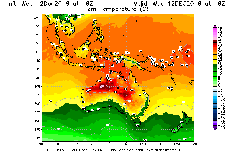 Mappa di analisi GFS - Temperatura a 2 metri dal suolo [°C] in Oceania
									del 12/12/2018 18 <!--googleoff: index-->UTC<!--googleon: index-->