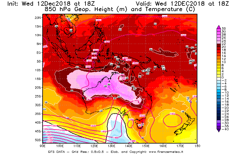 Mappa di analisi GFS - Geopotenziale [m] e Temperatura [°C] a 850 hPa in Oceania
									del 12/12/2018 18 <!--googleoff: index-->UTC<!--googleon: index-->