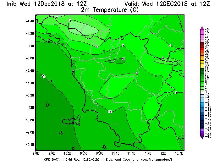 Mappa di analisi GFS - Temperatura a 2 metri dal suolo [°C] in Toscana
									del 12/12/2018 12 <!--googleoff: index-->UTC<!--googleon: index-->