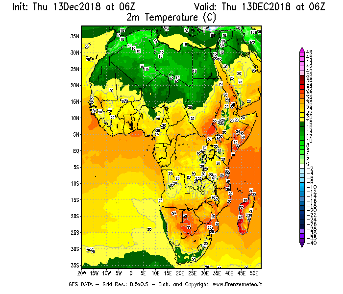 Mappa di analisi GFS - Temperatura a 2 metri dal suolo [°C] in Africa
							del 13/12/2018 06 <!--googleoff: index-->UTC<!--googleon: index-->