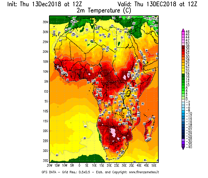 Mappa di analisi GFS - Temperatura a 2 metri dal suolo [°C] in Africa
							del 13/12/2018 12 <!--googleoff: index-->UTC<!--googleon: index-->