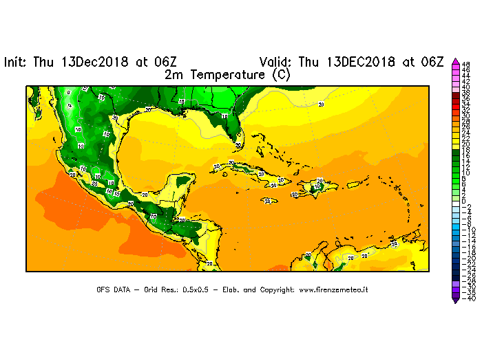Mappa di analisi GFS - Temperatura a 2 metri dal suolo [°C] in Centro-America
							del 13/12/2018 06 <!--googleoff: index-->UTC<!--googleon: index-->
