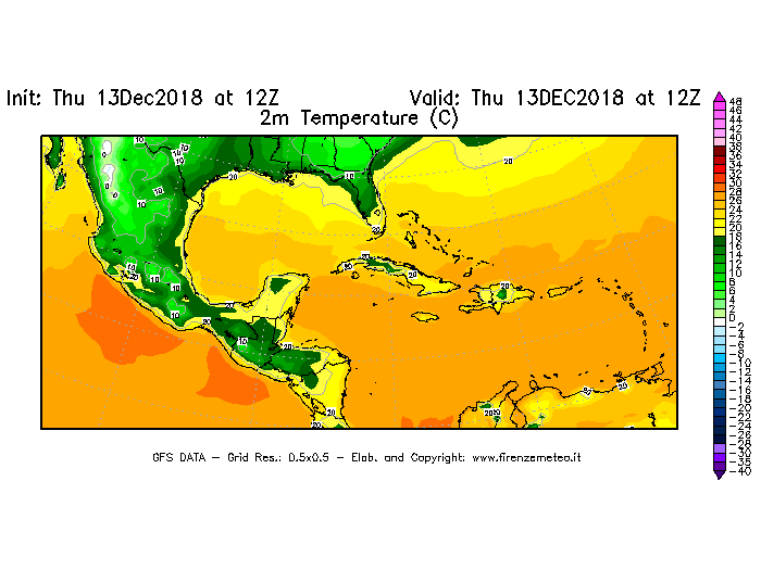 Mappa di analisi GFS - Temperatura a 2 metri dal suolo [°C] in Centro-America
							del 13/12/2018 12 <!--googleoff: index-->UTC<!--googleon: index-->