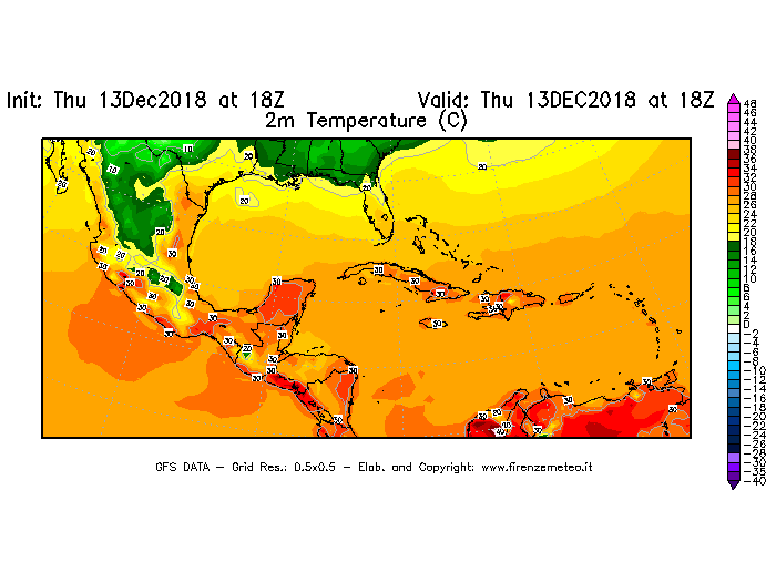 Mappa di analisi GFS - Temperatura a 2 metri dal suolo [°C] in Centro-America
							del 13/12/2018 18 <!--googleoff: index-->UTC<!--googleon: index-->