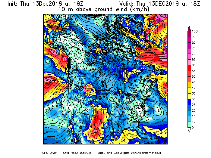 Mappa di analisi GFS - Velocità del vento a 10 metri dal suolo [km/h] in Nord-America
							del 13/12/2018 18 <!--googleoff: index-->UTC<!--googleon: index-->