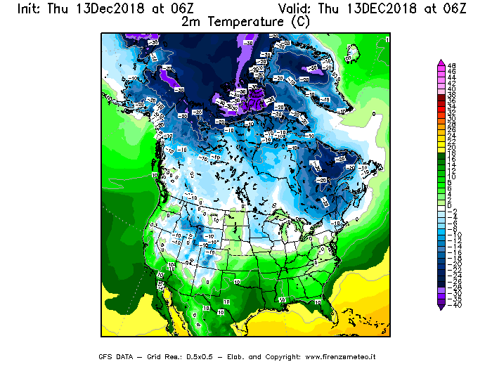 Mappa di analisi GFS - Temperatura a 2 metri dal suolo [°C] in Nord-America
							del 13/12/2018 06 <!--googleoff: index-->UTC<!--googleon: index-->