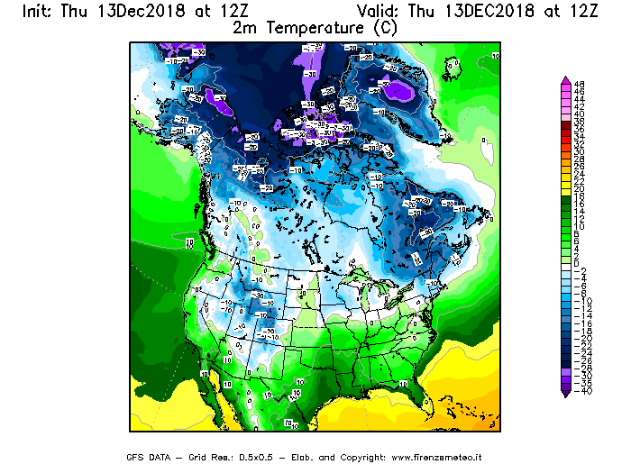 Mappa di analisi GFS - Temperatura a 2 metri dal suolo [°C] in Nord-America
							del 13/12/2018 12 <!--googleoff: index-->UTC<!--googleon: index-->