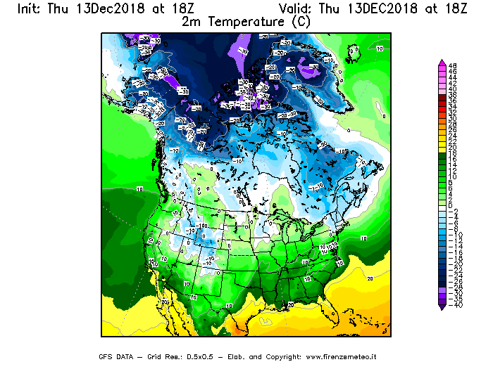 Mappa di analisi GFS - Temperatura a 2 metri dal suolo [°C] in Nord-America
							del 13/12/2018 18 <!--googleoff: index-->UTC<!--googleon: index-->