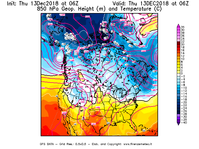 Mappa di analisi GFS - Geopotenziale [m] e Temperatura [°C] a 850 hPa in Nord-America
							del 13/12/2018 06 <!--googleoff: index-->UTC<!--googleon: index-->