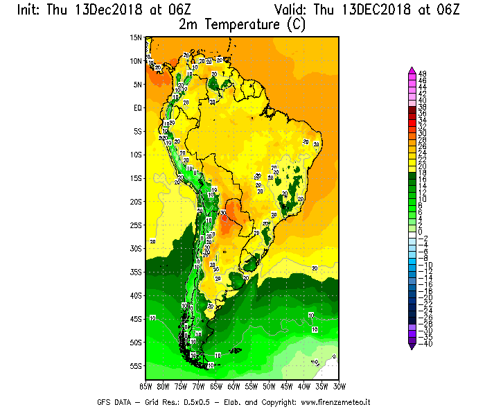 Mappa di analisi GFS - Temperatura a 2 metri dal suolo [°C] in Sud-America
							del 13/12/2018 06 <!--googleoff: index-->UTC<!--googleon: index-->