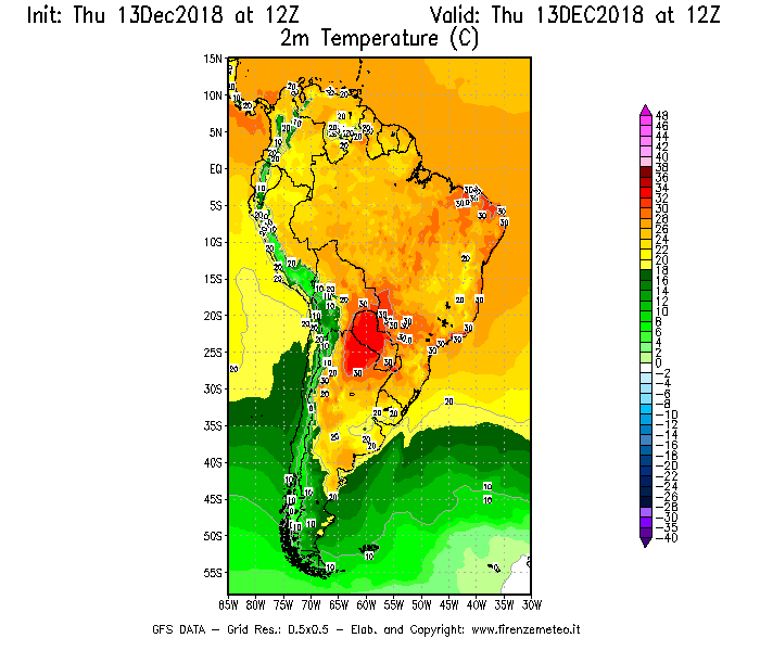Mappa di analisi GFS - Temperatura a 2 metri dal suolo [°C] in Sud-America
							del 13/12/2018 12 <!--googleoff: index-->UTC<!--googleon: index-->