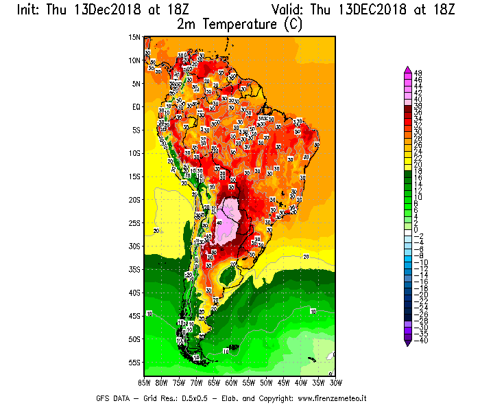 Mappa di analisi GFS - Temperatura a 2 metri dal suolo [°C] in Sud-America
							del 13/12/2018 18 <!--googleoff: index-->UTC<!--googleon: index-->