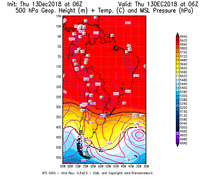 Mappa di analisi GFS - Geopotenziale [m] + Temp. [°C] a 500 hPa + Press. a livello del mare [hPa] in Sud-America
							del 13/12/2018 06 <!--googleoff: index-->UTC<!--googleon: index-->