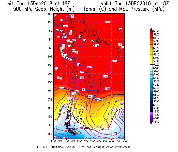 Mappa di analisi GFS - Geopotenziale [m] + Temp. [°C] a 500 hPa + Press. a livello del mare [hPa] in Sud-America
							del 13/12/2018 18 <!--googleoff: index-->UTC<!--googleon: index-->