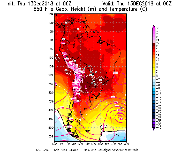 Mappa di analisi GFS - Geopotenziale [m] e Temperatura [°C] a 850 hPa in Sud-America
							del 13/12/2018 06 <!--googleoff: index-->UTC<!--googleon: index-->