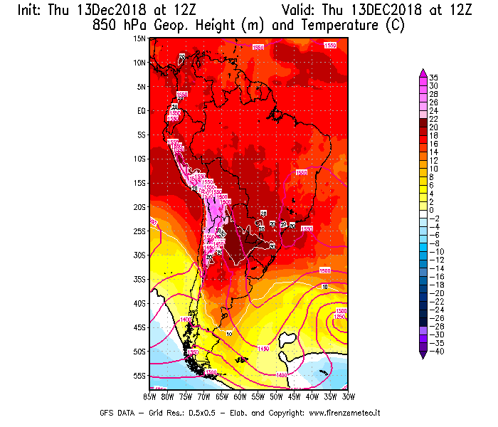 Mappa di analisi GFS - Geopotenziale [m] e Temperatura [°C] a 850 hPa in Sud-America
							del 13/12/2018 12 <!--googleoff: index-->UTC<!--googleon: index-->