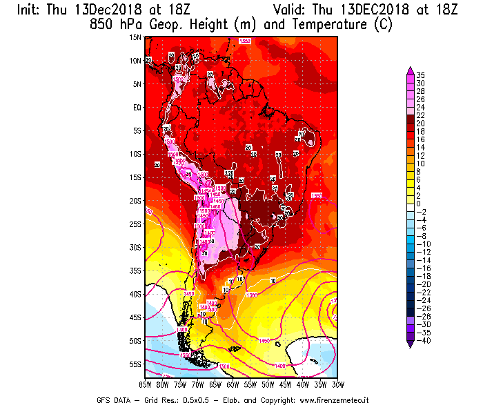 Mappa di analisi GFS - Geopotenziale [m] e Temperatura [°C] a 850 hPa in Sud-America
							del 13/12/2018 18 <!--googleoff: index-->UTC<!--googleon: index-->