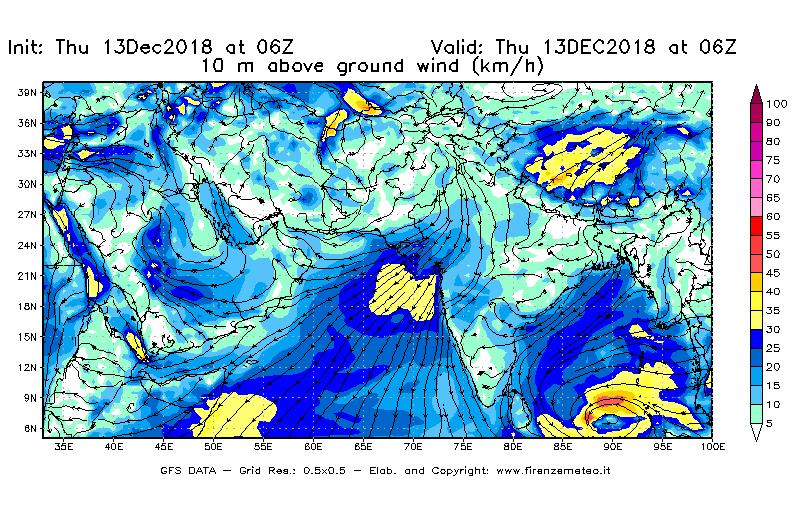 Mappa di analisi GFS - Velocità del vento a 10 metri dal suolo [km/h] in Asia Sud-Occidentale
							del 13/12/2018 06 <!--googleoff: index-->UTC<!--googleon: index-->