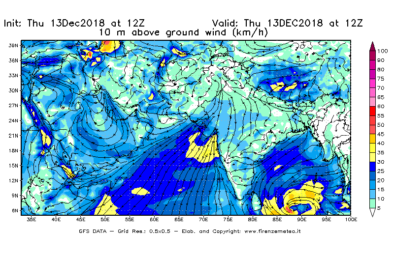 Mappa di analisi GFS - Velocità del vento a 10 metri dal suolo [km/h] in Asia Sud-Occidentale
							del 13/12/2018 12 <!--googleoff: index-->UTC<!--googleon: index-->