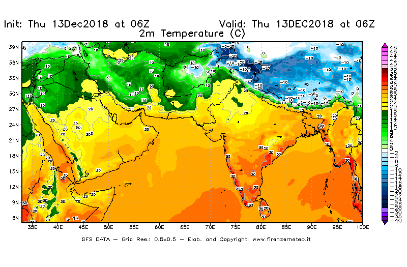 Mappa di analisi GFS - Temperatura a 2 metri dal suolo [°C] in Asia Sud-Occidentale
							del 13/12/2018 06 <!--googleoff: index-->UTC<!--googleon: index-->