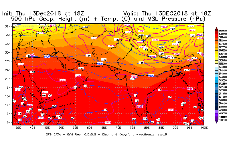 Mappa di analisi GFS - Geopotenziale [m] + Temp. [°C] a 500 hPa + Press. a livello del mare [hPa] in Asia Sud-Occidentale
							del 13/12/2018 18 <!--googleoff: index-->UTC<!--googleon: index-->