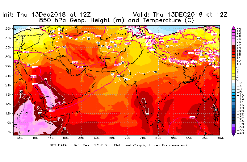 Mappa di analisi GFS - Geopotenziale [m] e Temperatura [°C] a 850 hPa in Asia Sud-Occidentale
							del 13/12/2018 12 <!--googleoff: index-->UTC<!--googleon: index-->